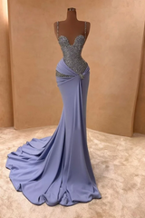 Straps Sweetheart Silver Gray Mermaid Court Train Prom Dresses-Ballbella