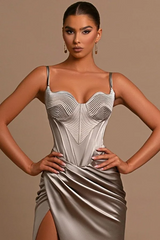 Straps Silver Mermaid High Split Floor length Sleeveless Prom Dresses