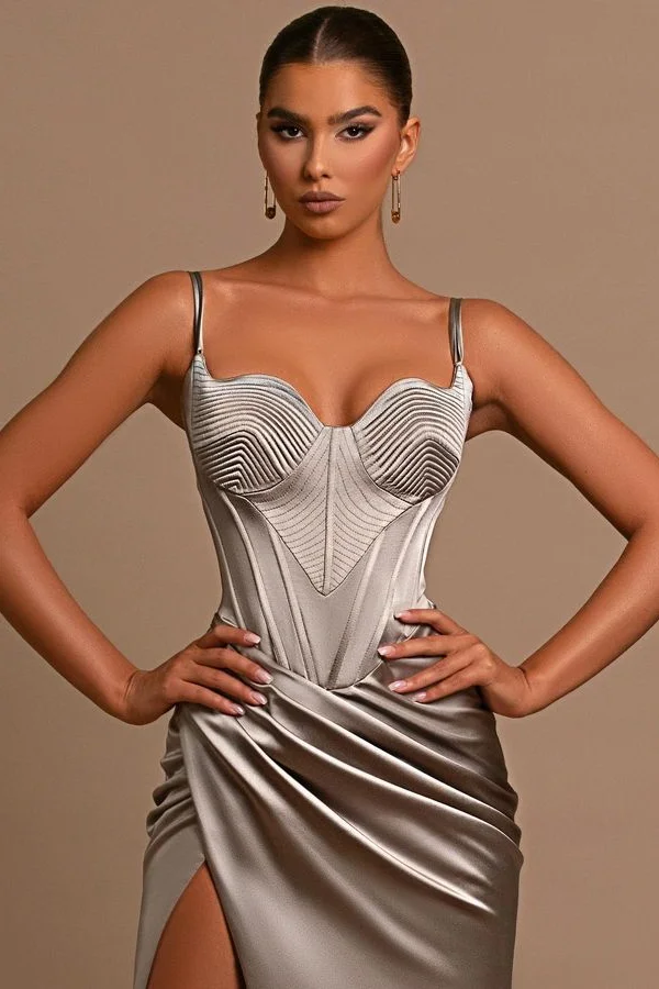Straps Silver Mermaid High Split Floor length Sleeveless Prom Dresses