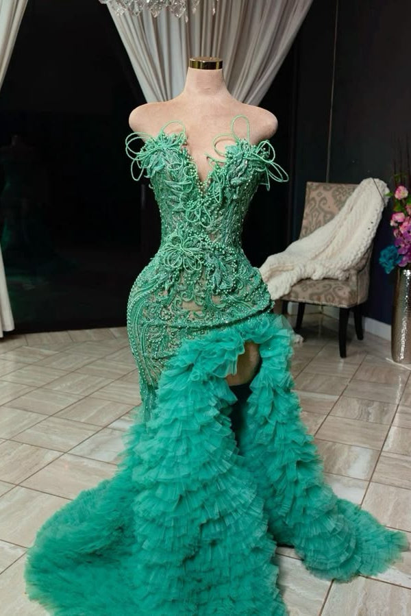 Stunning Green Sweetheart High Split Ruffles Mermaid Floor length Prom   Ballbella