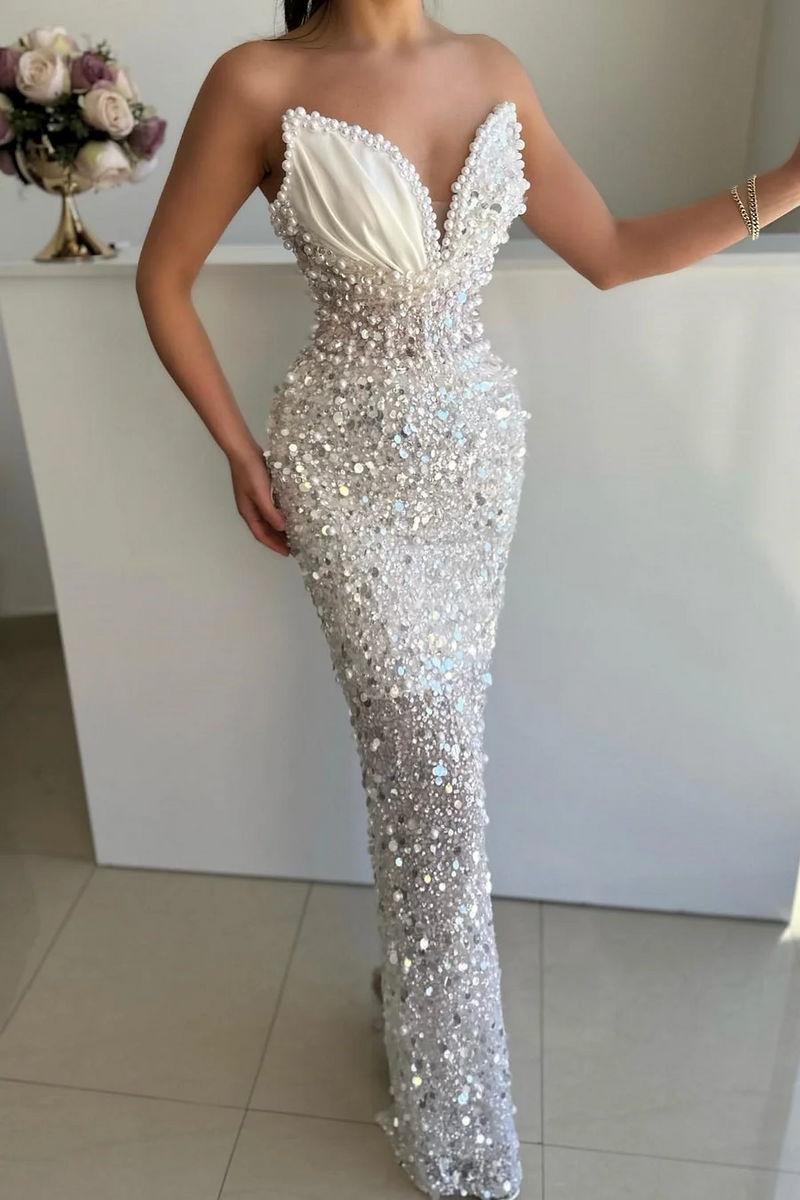 Sweeheart White Pearls Mermaid Low back Sleeveless Prom Dresses