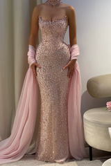 Sweetheart Blushing Pink Mermaid Sparkle Gems Shawl Floor Length Prom Dresses-Ballbella