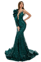 V-Neck One-Shoulder Mermaid Illusion Sequins Evening Dress