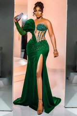 Unique One Shoulder Emerald Green High Split Floor length Prom Dresses-Ballbella