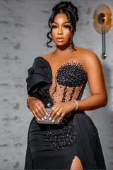 Unique One Shoulder Emerald Green High Split Floor length Prom Dresses-Ballbella