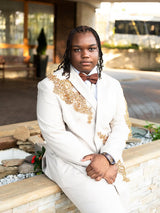 White Shawl Collar 2 Pieces Prom Suits One Button With Gold Beading-Ballbella
