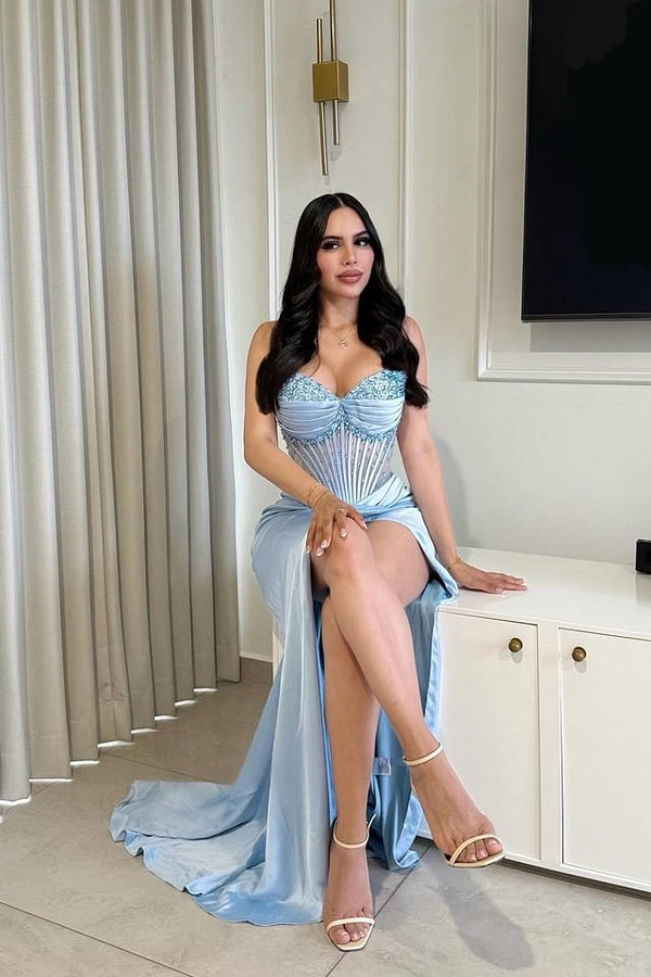 Romantic Blue Sweetheart Satin Prom Dresses Column With High Slit Beads