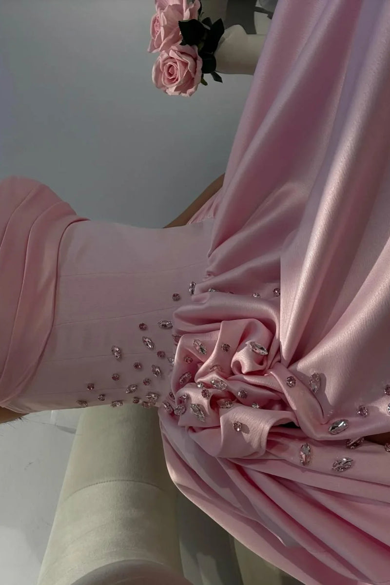Gorgeous Baby Pink Sweetheart Satin Prom Dresses Sleeveless High Slit Gem With Pleats