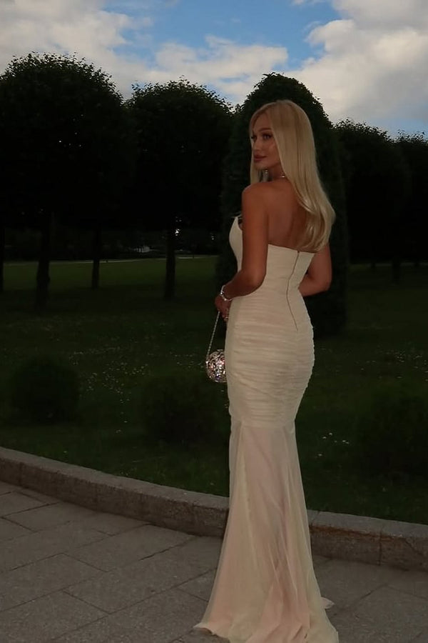 Pretty Sweetheart Strapless Sleeveless Prom Dresses Mermaid High Slit Backless With Pleats