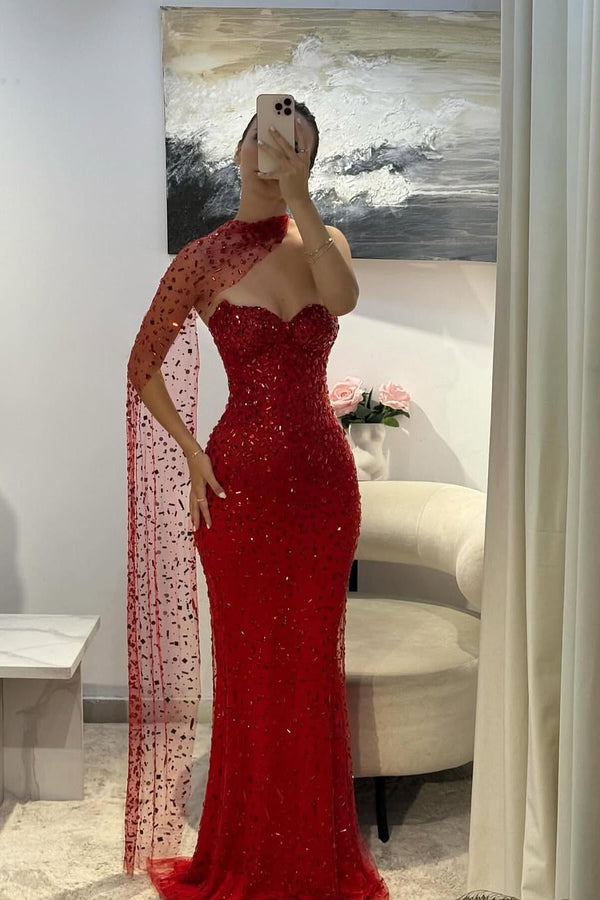 Gorgeous Red Sweetheart Mermaid Prom Dresses Sleeveless Strapless With Gem