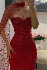 Gorgeous Red Sweetheart Mermaid Prom Dresses Sleeveless Strapless With Gem
