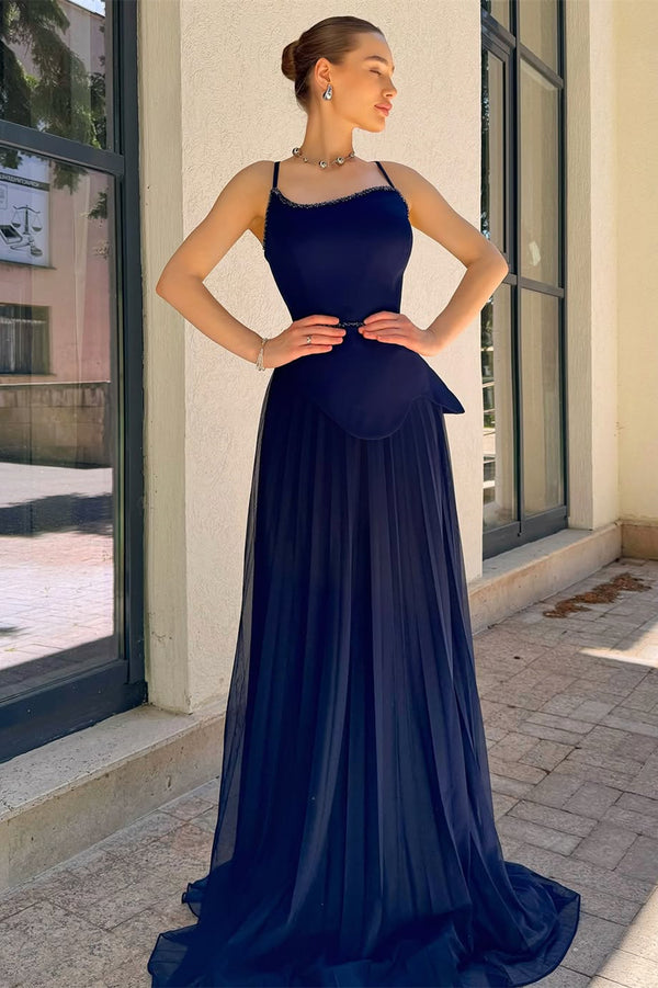 Chic Navy Blue Spaghetti-Strap Prom Dresses Sleeveless Floor Length Pleats With Pearls