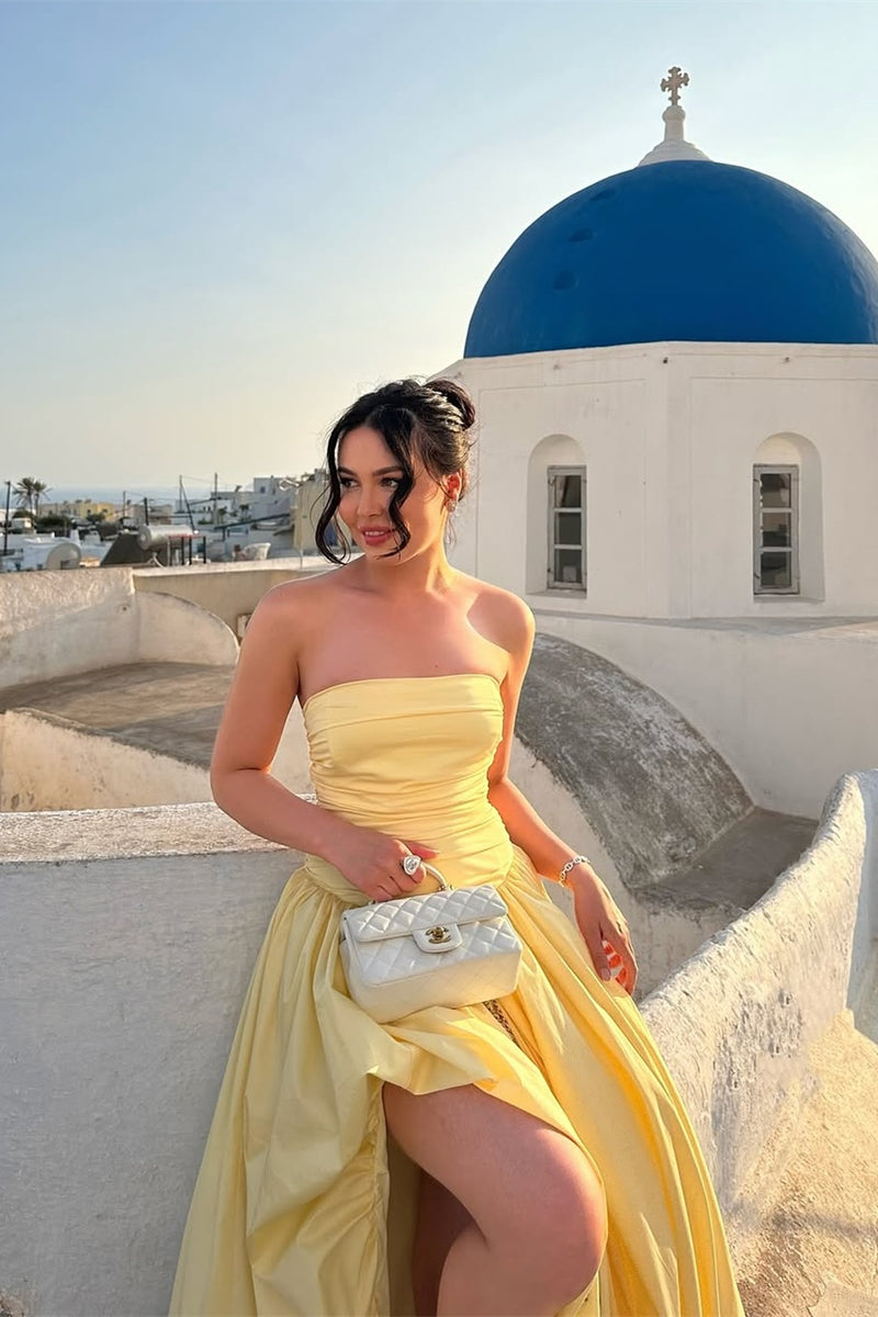 Charming Daffodil Strapless Prom Dress Sleeveless A-Line Side Slit With Pleats