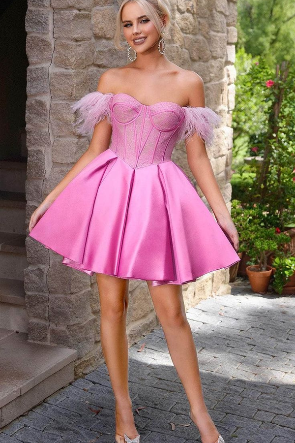 Charming Flamingo Satin Off-The-Shoulder Sleeveless Homecoming Dresses A-Line Mini With Feather Pleats