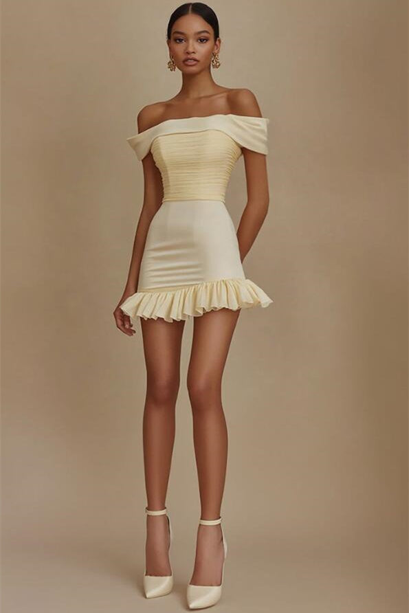 Classy Daffodil Off-The-Shoulder Sleeveless Homecoming Dresses Mini With Pleats Ruffles