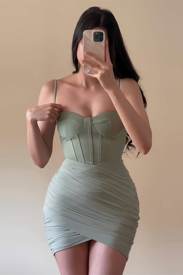 Romantic 	Dusty Sage Sweetheart Spaghetti-Straps Mini Homecoming Dresses Sleeveless Sheath With Pleats