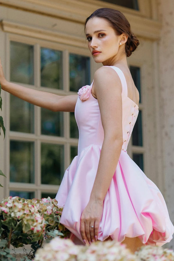 Pretty Pink Square Straps A-Line Satin Homecoming Dress Sleeveless Mini Lace-Up Back With Flower