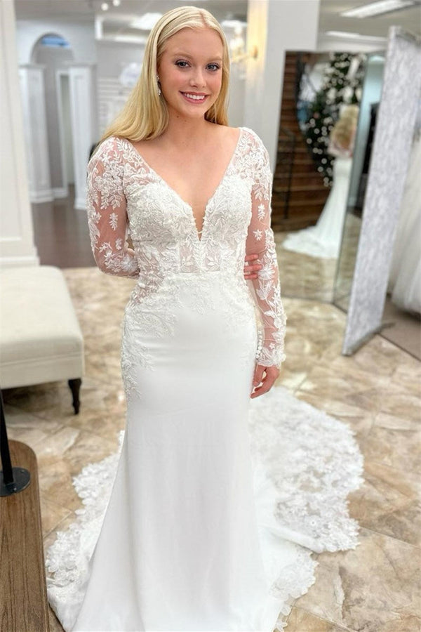Exquisite V-Neck Mermaid Wedding Dresses Appliques Lace Long Sleeves Open Back With Buttons
