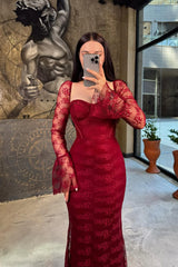 Classy Red Sweetheart Long Sleeve Prom Dress Mermaid Sheath Lace With Zipper