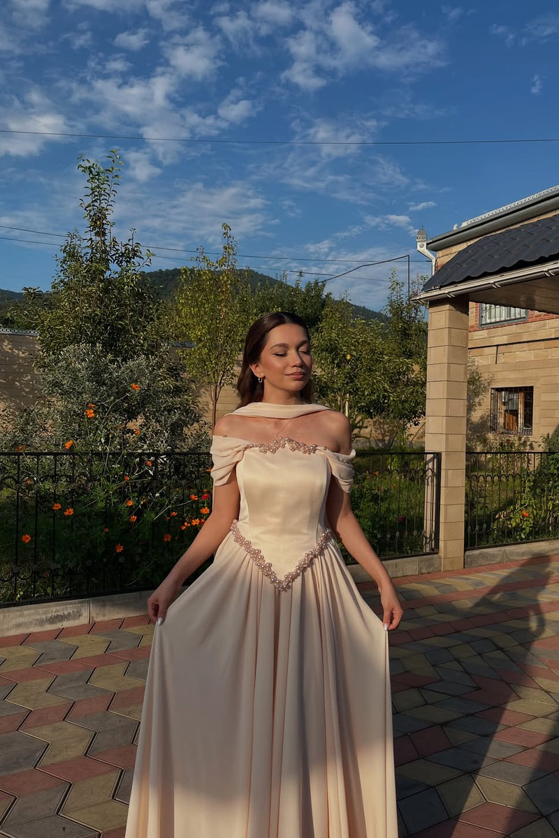 Charming Off-The-Shoulder A-Line Chiffon Prom Dresses Sleeveless Pleats With Pearl