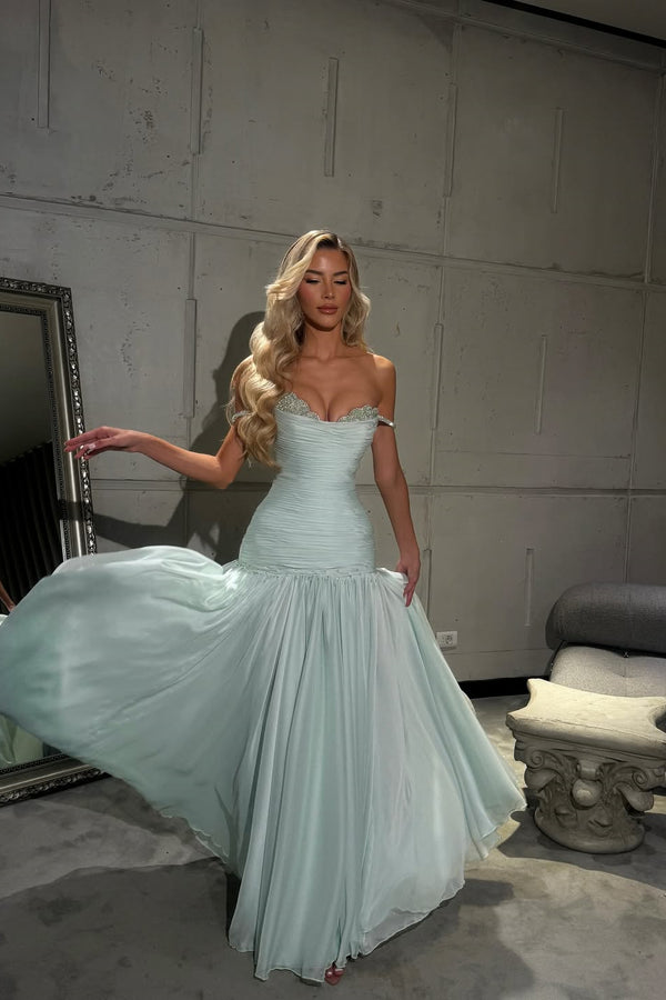 Romantic Off-The-Shoulder Chiffon Sleeveless Prom Dress Beads Pleats With  Zipper