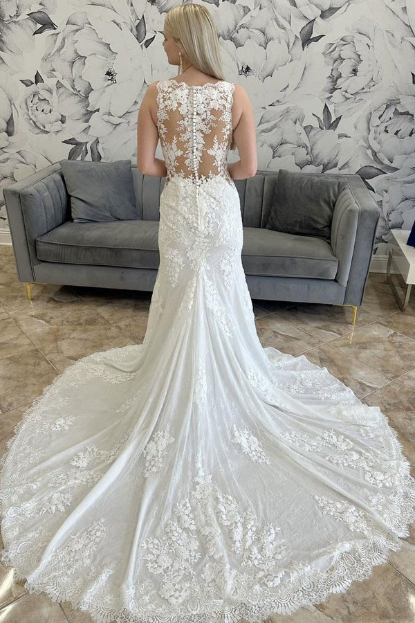 Classy V-Neck Straps Sleeveless Wedding Dresses Mermaid Appliques Lace Long With Buttons