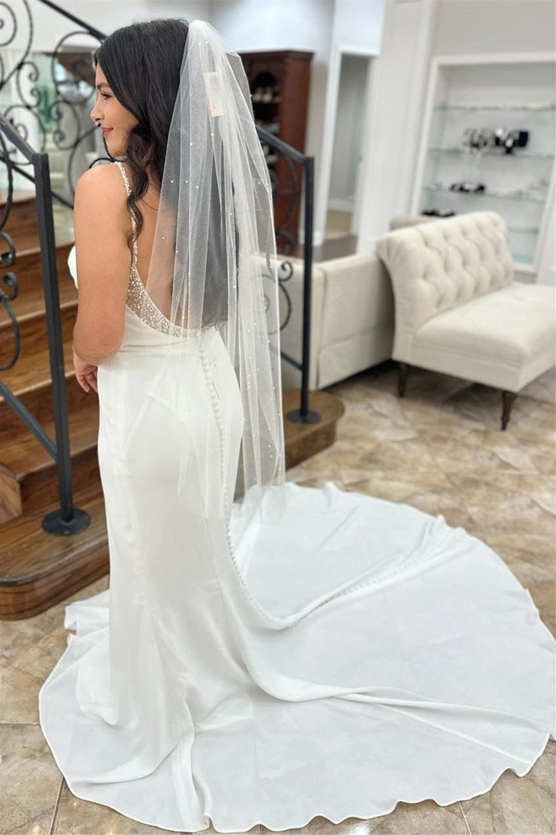 Elegant Satin Spaghetti-Straps Mermaid Wedding Dresses Sleeveless Open Back With Beads Buttons