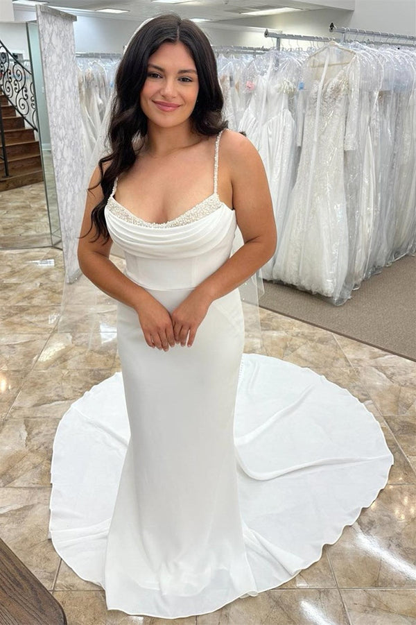 Elegant Satin Spaghetti-Straps Mermaid Wedding Dresses Sleeveless Open Back With Beads Buttons