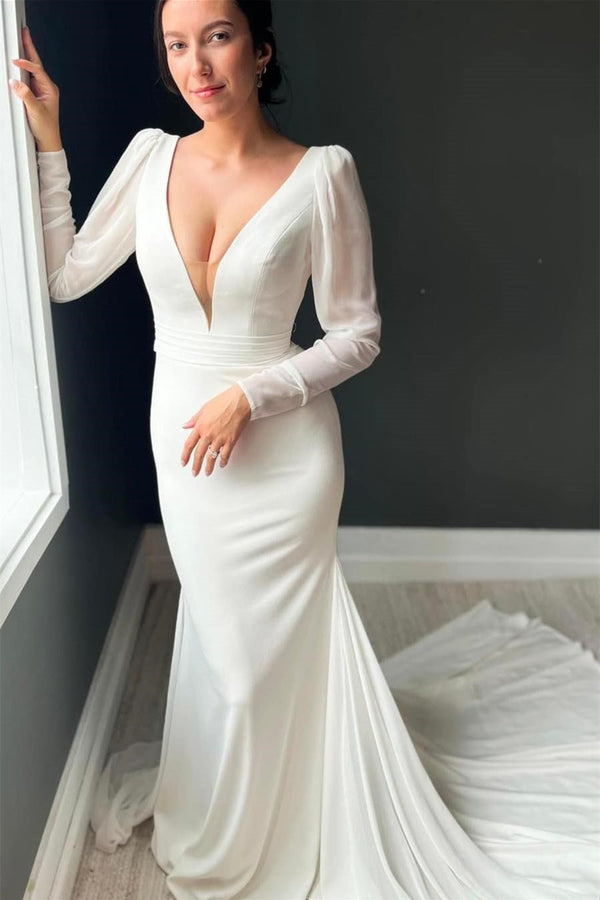 Exquisite V-Neck Long Sleeves Satin Wedding Dresses Mermaid Long Open Back With Buttons Pleats
