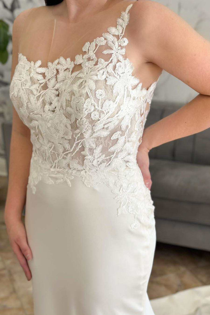 Popular Asymmetrical Scoop Sleeveless Wedding Dresses Satin Mermaid With Appliques Lace