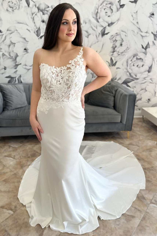 Popular Asymmetrical Scoop Sleeveless Wedding Dresses Satin Mermaid With Appliques Lace