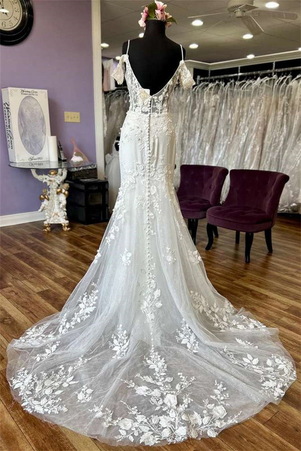 Luxury V-Neck Off-The-Shoulder Wedding Dresses Sleeveless Spaghetti-Straps Appliques Lace Open Back With Buttons