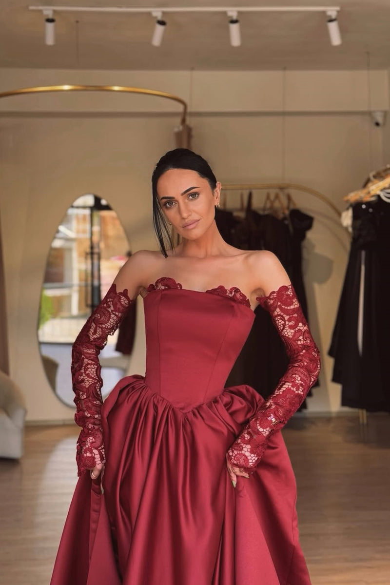 Luxury Burgundy Strapless A-Line Satin Prom Dresses Detachable Sleeves With Pleats