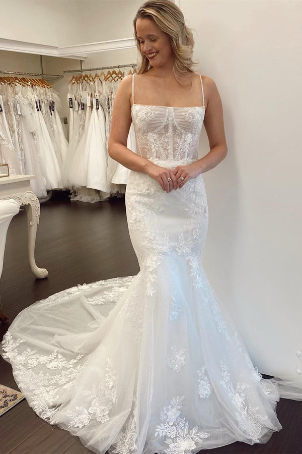 Classy Square Spaghetti-Straps Sleeveless Wedding Dresses Mermaid With Appliques Lace