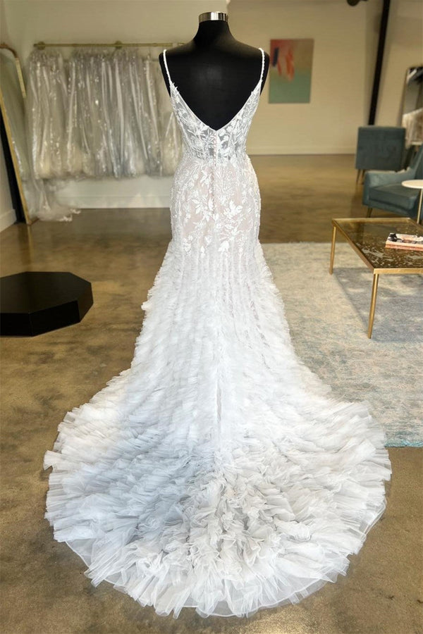 Luxury Sweetheart Sleeveless Mermaid Wedding Dresses Spaghetti-Straps Appliques Lace Open Back With Ruffles