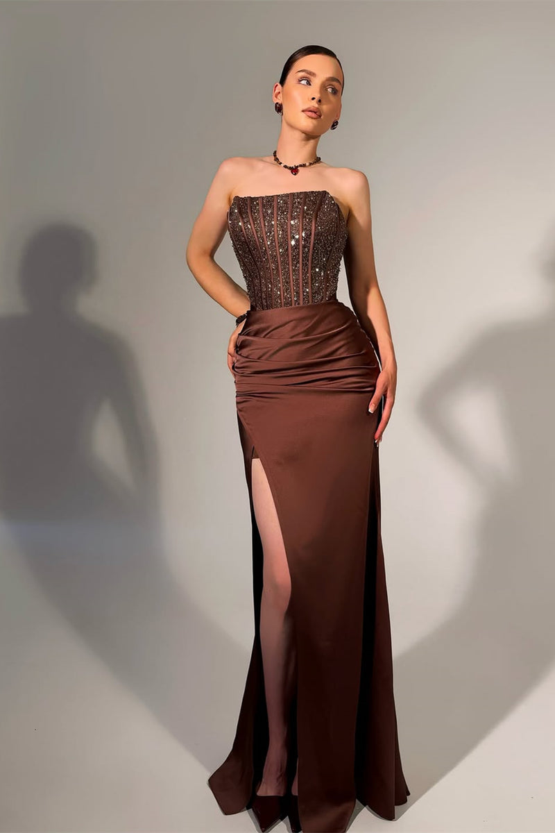 Sparking Chocolate Strapless Mermaid Prom Dresses Sleeveless High Split With Beads