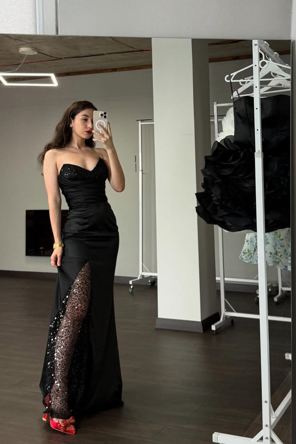 Charming Black Sweetheart Strapless Sleeveless Prom Dress Sequins Sheath With Beads