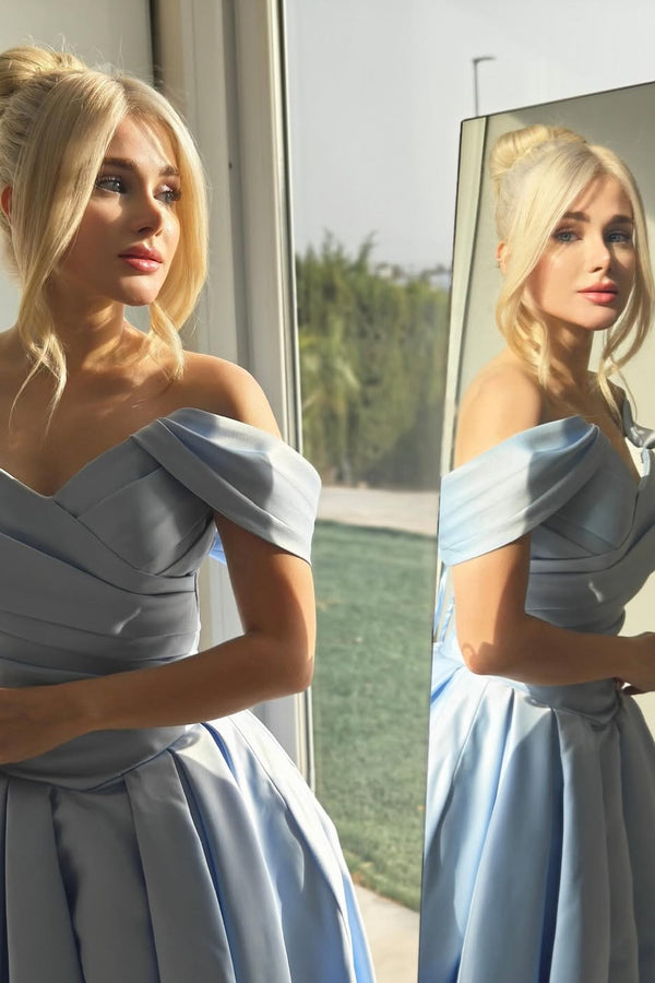 Chic Blue V-Neck Off-The-Shoulder Satin Prom Dress A-line Sleeveless Long With Pleats