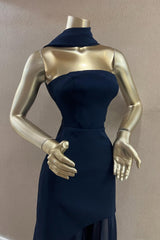 Charming Dark Navy Strapless Sleeveless Stain Prom Dresses Sheath Long On Sale