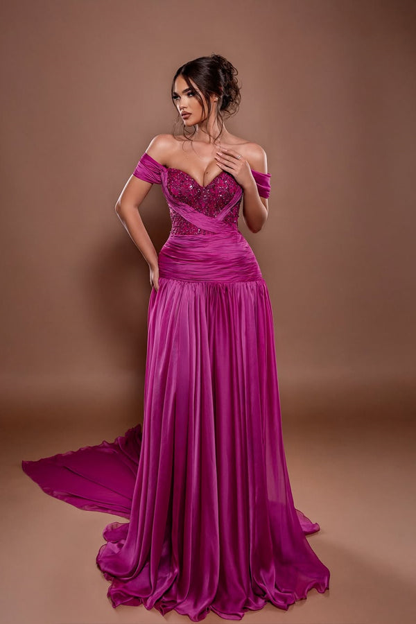Chic Fuchsia Off-The-Shoulder Sweetheart A-Line Prom Dress Satin With Beads