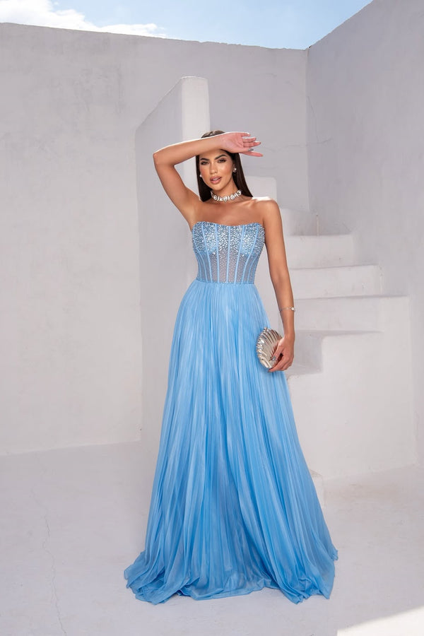 Elegant Blue Strapless Sleeveless Prom Dresses Long A-Line Gem With Zipper