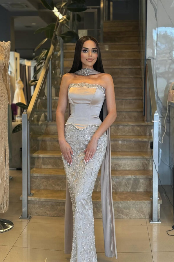 Chic Strapless Sleeveless Mermaid Pearls Prom Dress Gem Sheath With Beads