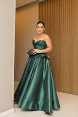 Luxury Dark Green Sweetheart Strapless Satin Prom Dress A-Line Sleeveless With Lace-Up Back