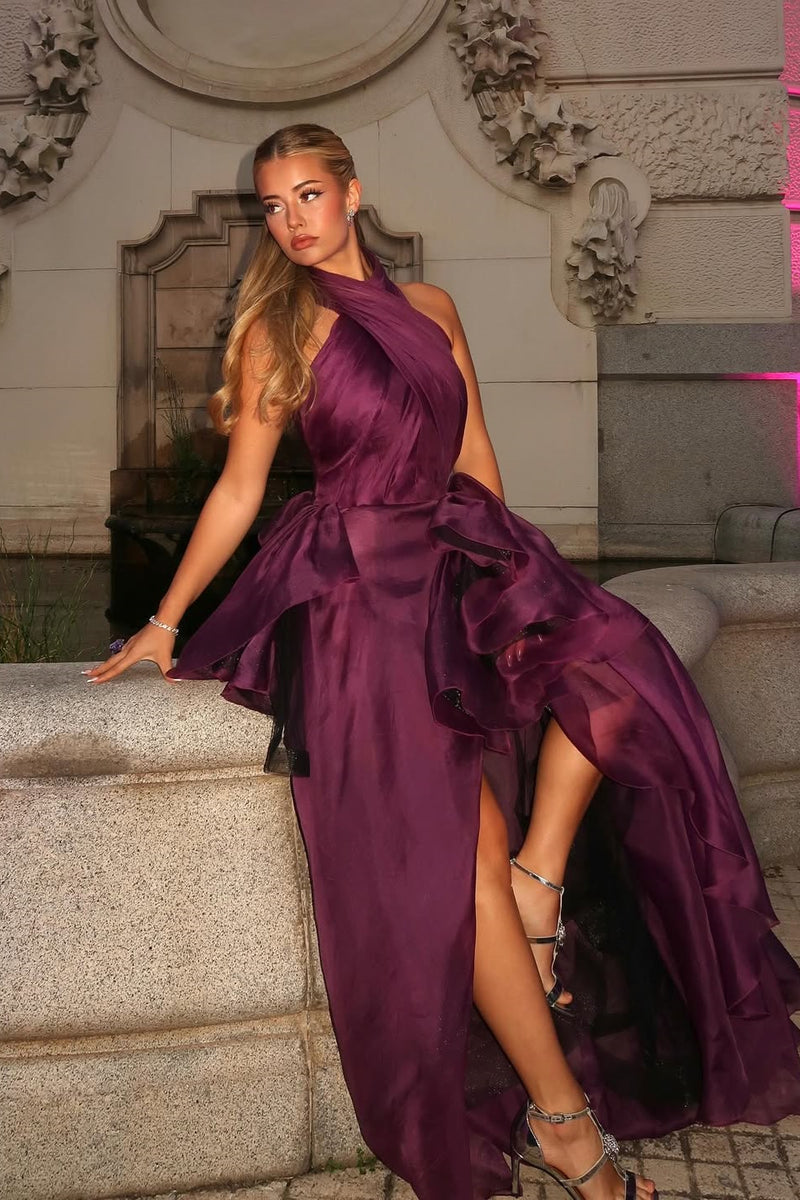 Glamorous Grape Halter Sleeveless Organza A-Line Prom Dresses High Split Long With Pleats