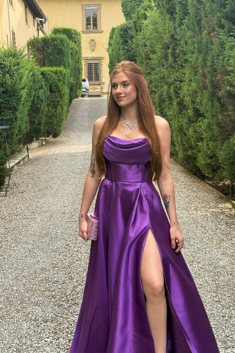 Elegant Regency Strapless Sleeveless Satin Prom Dress A-Line Side Split With Pleats