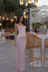 Charming Pink Straps Sleeveless Prom Dresses Sheath Gem Two-Piece Set On Sale