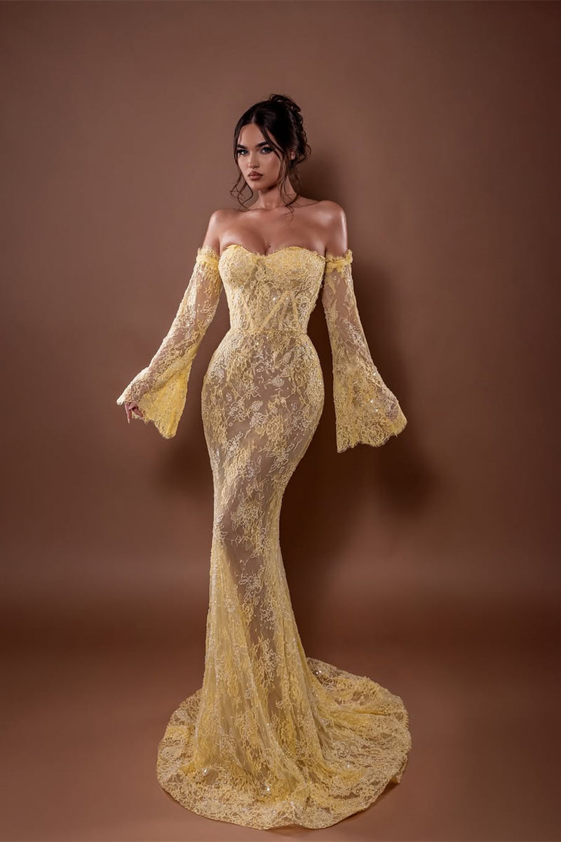 Luxury Daffodil Sweetheart Strapless Mermaid Lace Prom Dress Detachable Long Sleeves Column On Sale