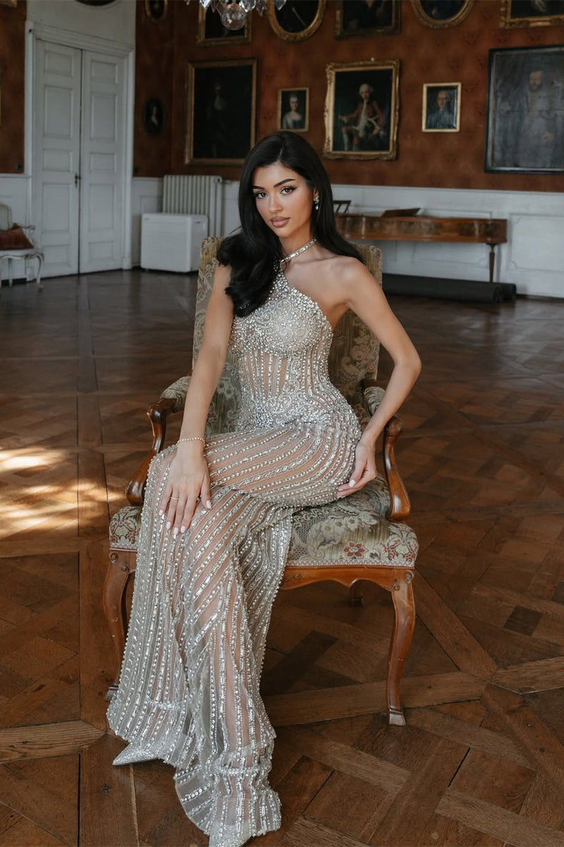 Dazzling Silver Halter Sleeveless Mermaid Prom Dresses Gem With Lace-Up Back