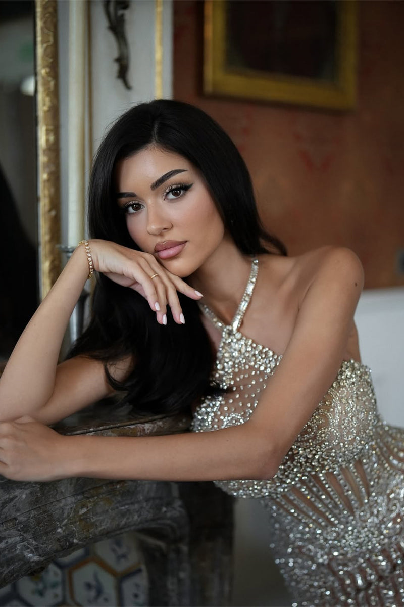 Dazzling Silver Halter Sleeveless Mermaid Prom Dresses Gem With Lace-Up Back