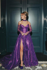 Dazzling Purple Strapless Sweetheart Sequins A-Line Prom Dresses Detachable Sleeves With High Split
